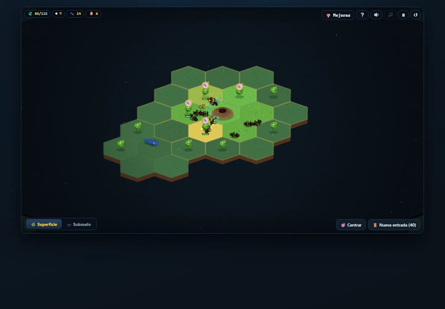 Real BitAnts interface: ants gather resources across a map of hexagonal tiles