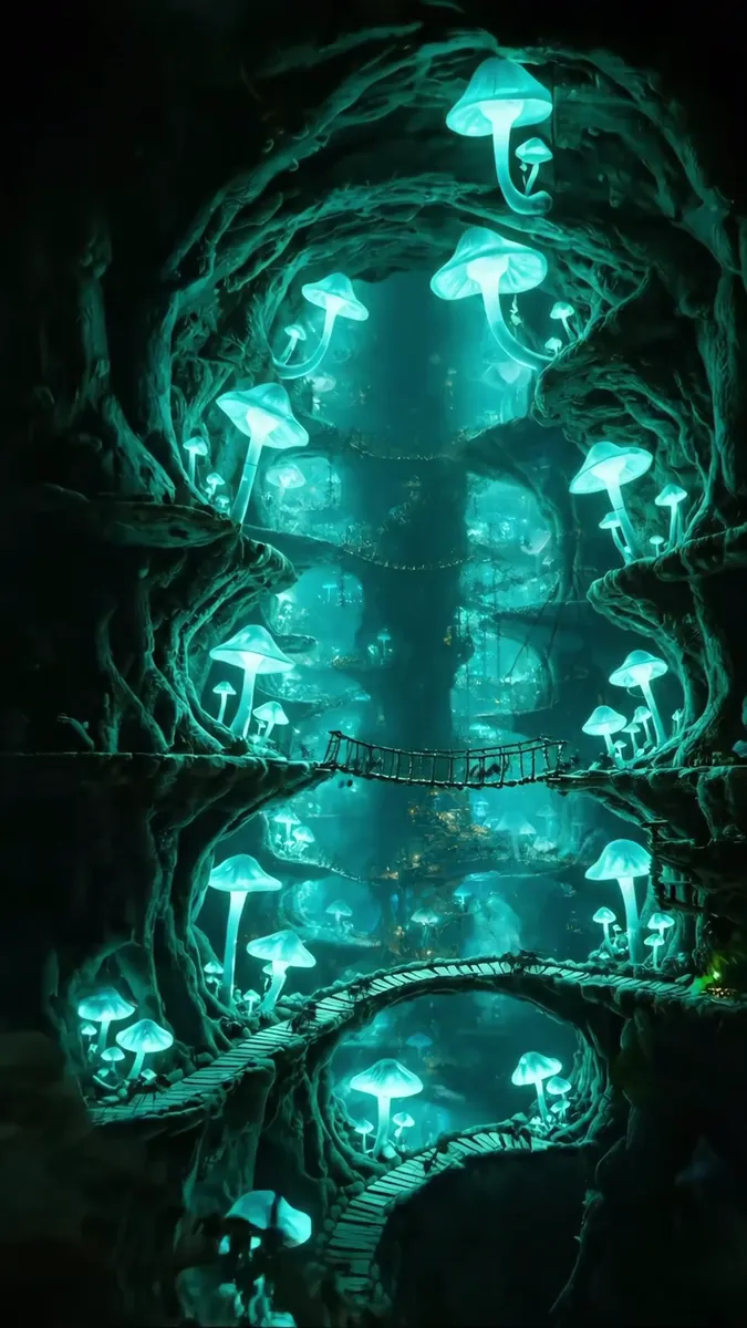 Underground city lit by fungi